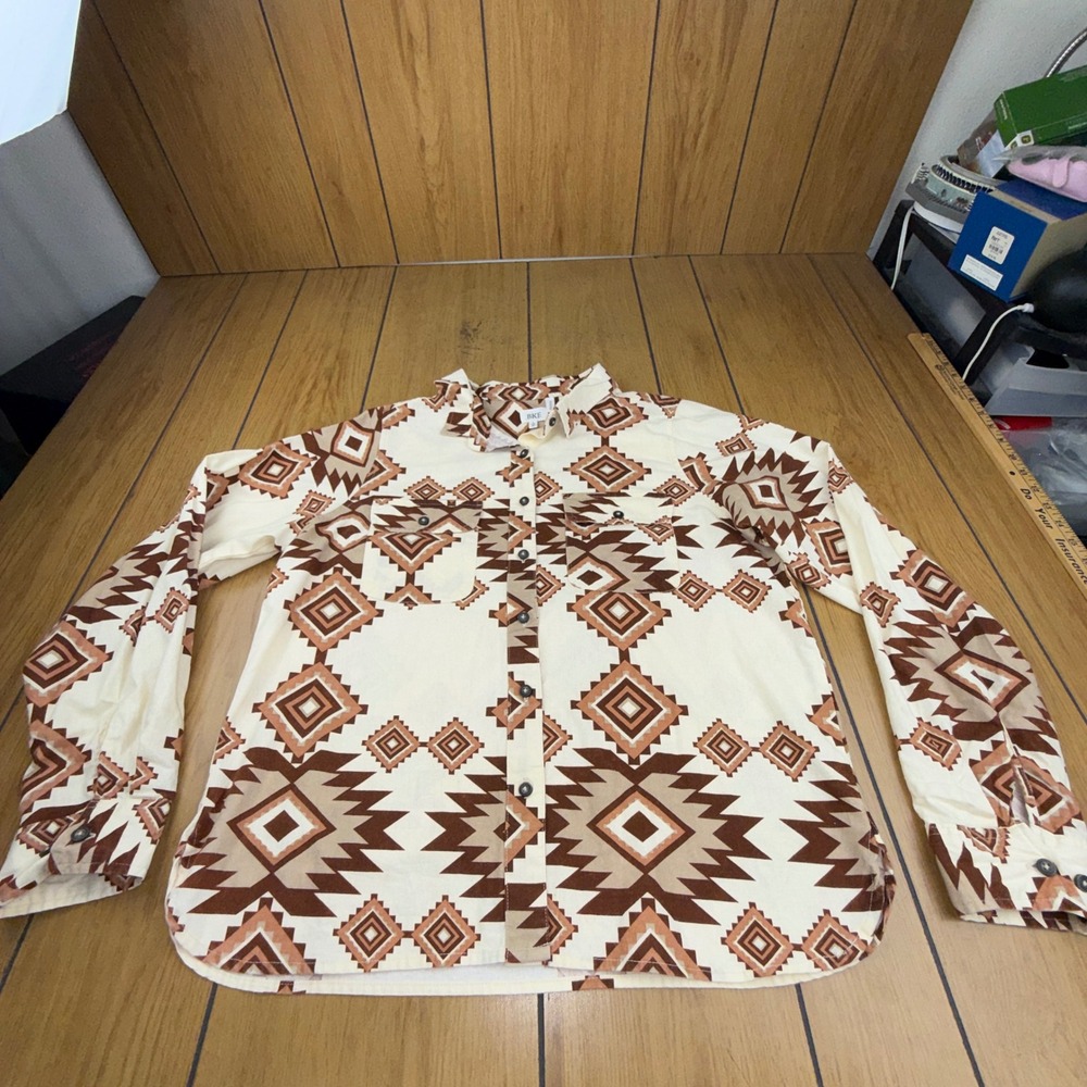 BKE Boyfriend Southwestern Geometric Button Front Shirt Brown Cream Cotton L